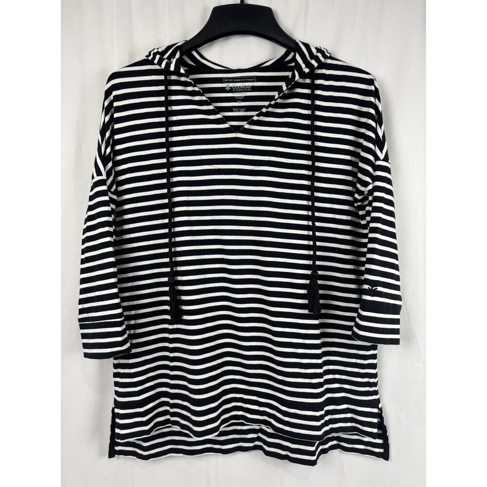 Coolibar Hoodie Women’s Size XS Black/ White Stripe Pullover Top UPF 50 Beach